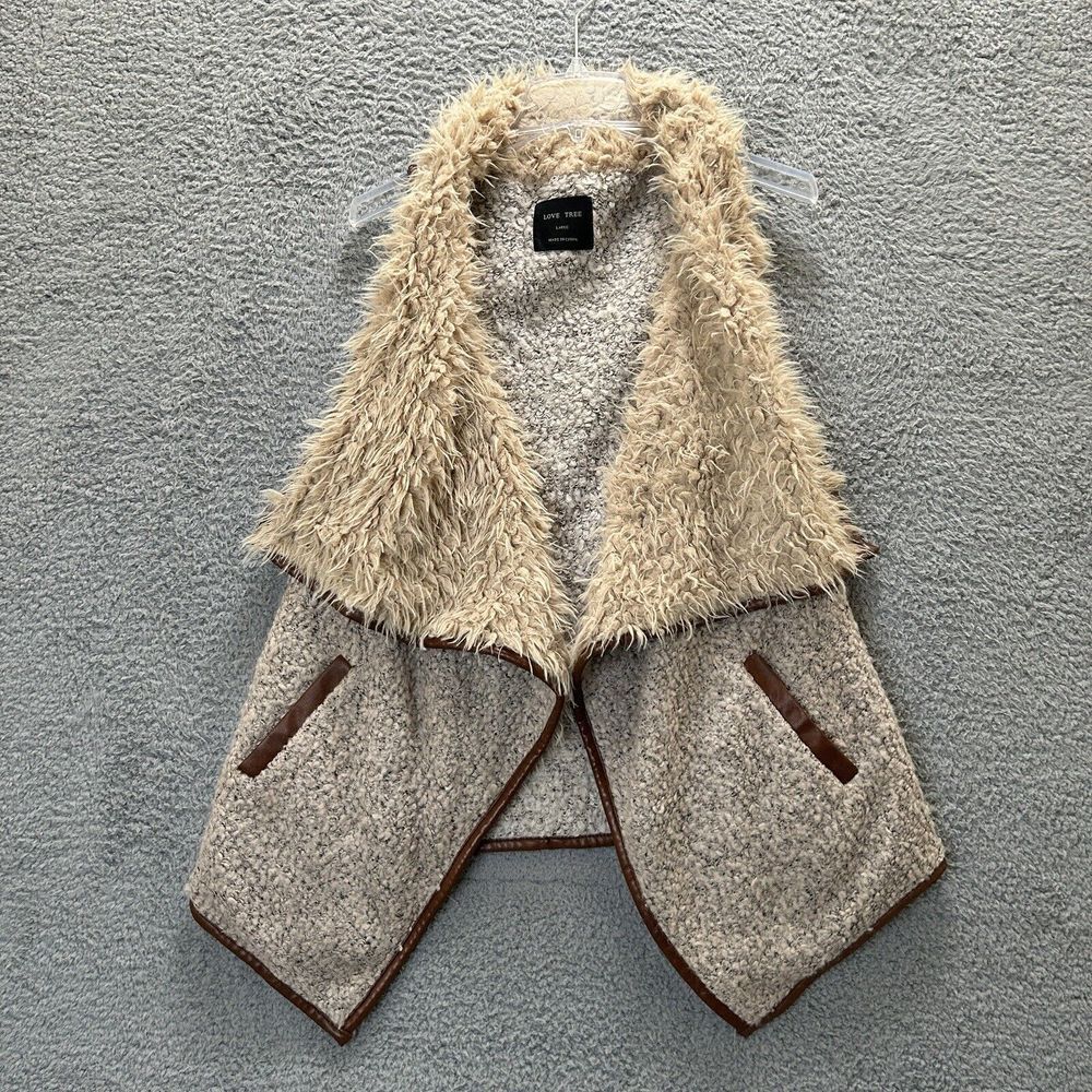 Love Tree Sweater Vest Women Large Faux Fur Sherpa Wool Open Front Drape Pockets